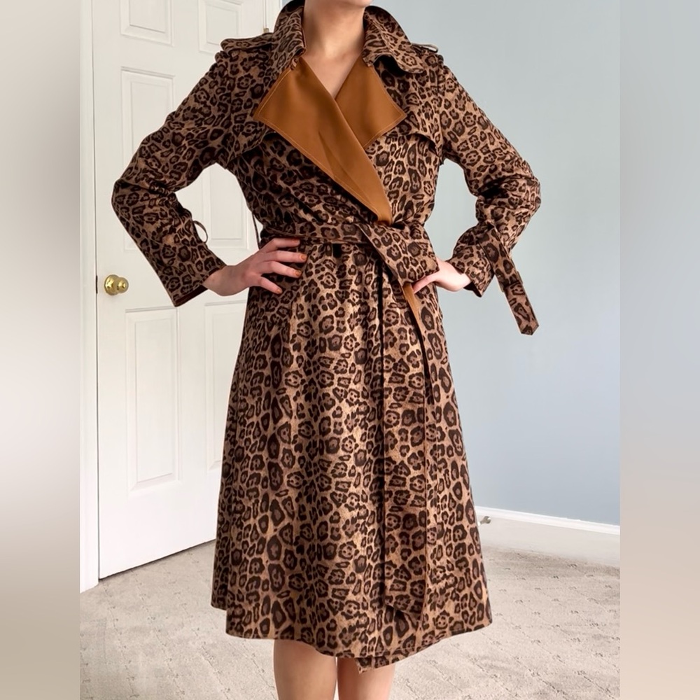 Few Moda Leopard Faux Suede Lightweight Trench Coat